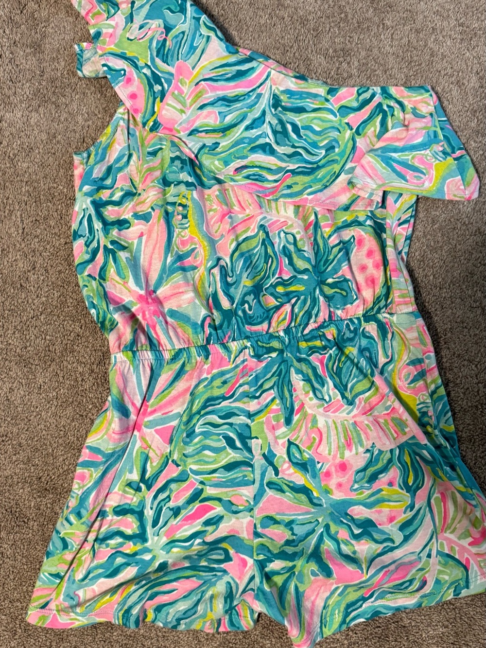 Tropical One-Shoulder Romper in Teal, Pink & Lime